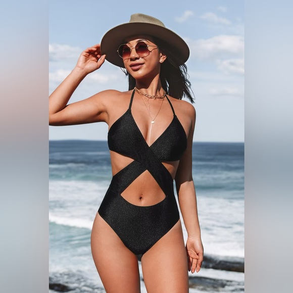 Cupshe Other - Cupshe Braelynn Swimsuit Sz S Black Halter Criss Cross Back Tie One Piece new